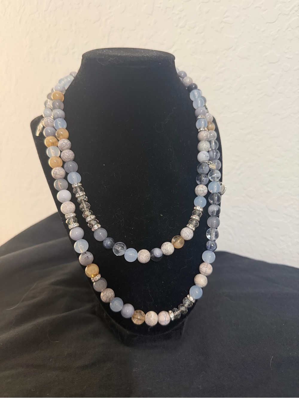 Chico's Triple-Strand Blue, Beige and Gray Bead Necklace